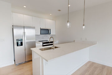 Modern white kitchen with island, stainless steel appliances