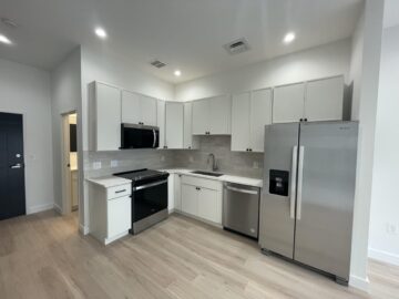 Modern kitchen with appliances and white cabinets