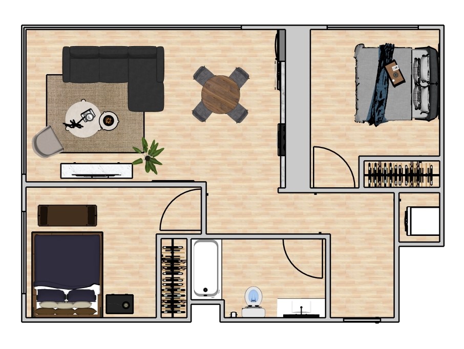 2 Bed 1 Bath Corner - Floor Plan Right