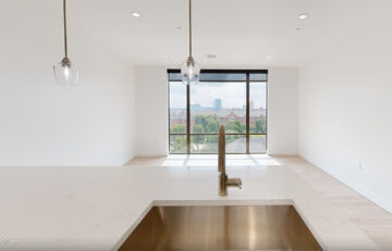 Modern kitchen with large window view