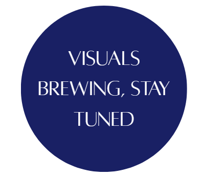 Dark blue circle with white text saying visuals brewing